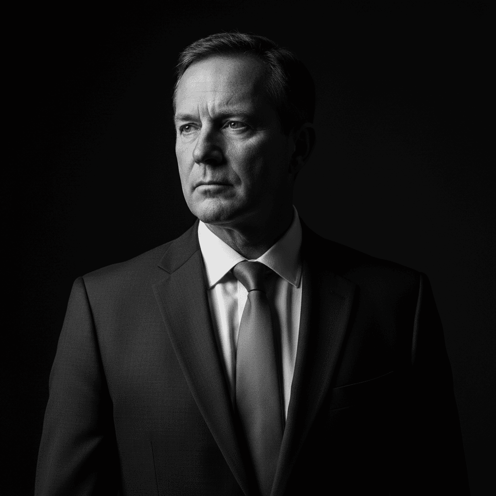 Chad Worthington, fictional CEO, editorial profile image in dark corporate setting